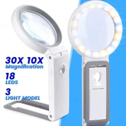 30X 10X Magnifying Glass with Light and Stand Foldable Handheld Magnifying Glass 18 LED Illuminated Lighted Magnifier for Macular Degeneration Seniors Reading Close Work