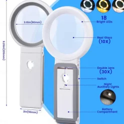 30X 10X Magnifying Glass with Light and Stand Foldable Handheld Magnifying Glass 18 LED Illuminated Lighted Magnifier for Macular Degeneration Seniors Reading Close Work