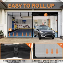 16x7FT/8x7FT Garage Screen Door Magnetic Garage Door Screen Magnetic Closure Fiberglass Garage Screen Doors for 2 Car Garage Pull Down for Patio, Porch, Window to Keep Bugs Out