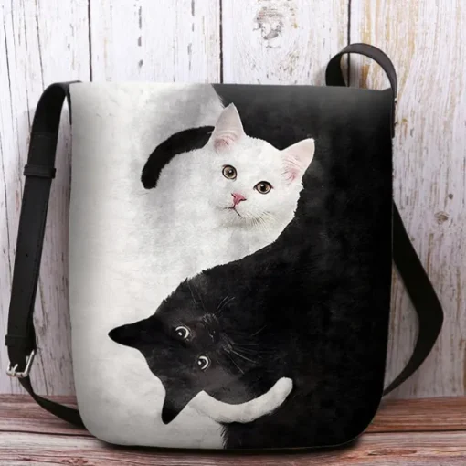 Yin Yang Cat Design Crossbody Bag - Artistic Black and White Cat Print Shoulder Bag for Women, Perfect for Casual and Everyday Use