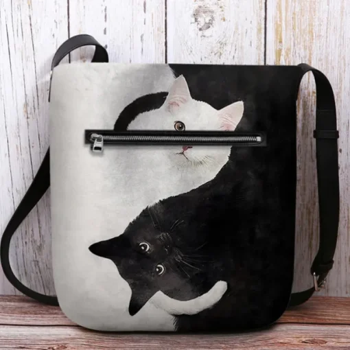 Yin Yang Cat Design Crossbody Bag - Artistic Black and White Cat Print Shoulder Bag for Women, Perfect for Casual and Everyday Use