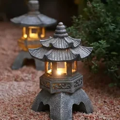 Zen Garden Ornaments - Solar Powered Pathway Tower Statue, Palace Lantern & Stone Pagoda Solar Lamp for Outdoor Decoration