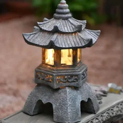 Zen Garden Ornaments - Solar Powered Pathway Tower Statue, Palace Lantern & Stone Pagoda Solar Lamp for Outdoor Decoration