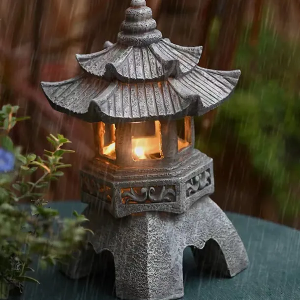 Zen Garden Ornaments - Solar Powered Pathway Tower Statue, Palace Lantern & Stone Pagoda Solar Lamp for Outdoor Decoration