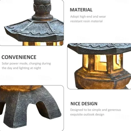Zen Garden Ornaments - Solar Powered Pathway Tower Statue, Palace Lantern & Stone Pagoda Solar Lamp for Outdoor Decoration