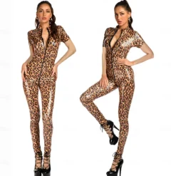 Zentai Suits Cosplay Costume Catsuit Motorcycle Girl Carnival Costume Full Body Suit Women's Cosplay Sexy Costume Leopard Faux Leather Costume for Masquerade Adults