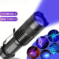 Zoomable UV Flashlight with Clip - Waterproof Torch in Red, Blue, Green & Purple Black Light for Fluorescent Detection & Camping